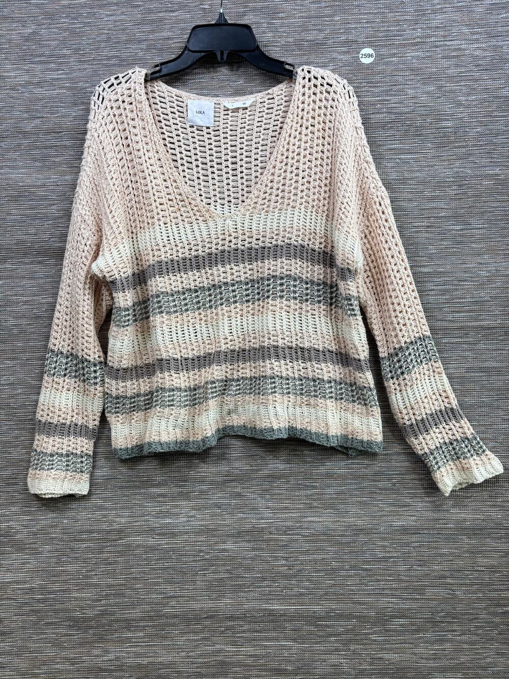 Lola Sweater Womens L Multicolor Stripe Open Knit V Neck Lightweight Pullover
